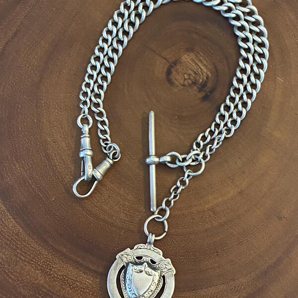 Victorian Sterling Silver Albert Chain Necklace w/ Medallion