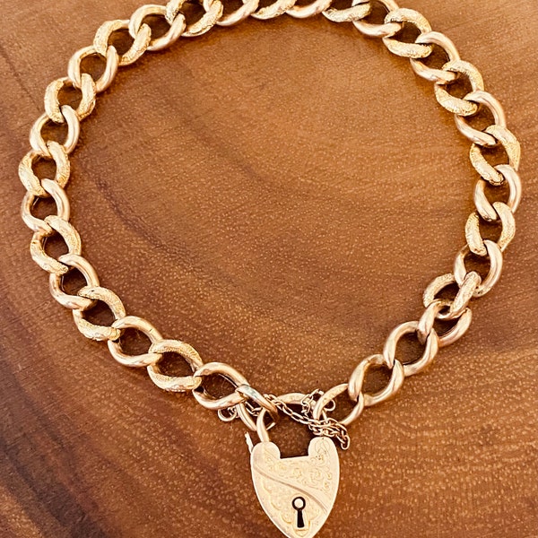 Edwardian 9K Gold Curb Link Bracelet with Heart Padlock Clasp