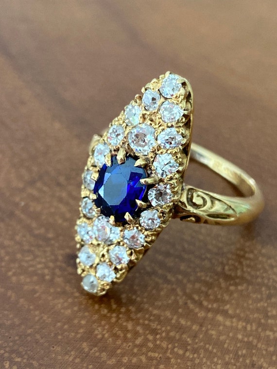 Victorian Sapphire Diamond 18K Gold Navette Ring