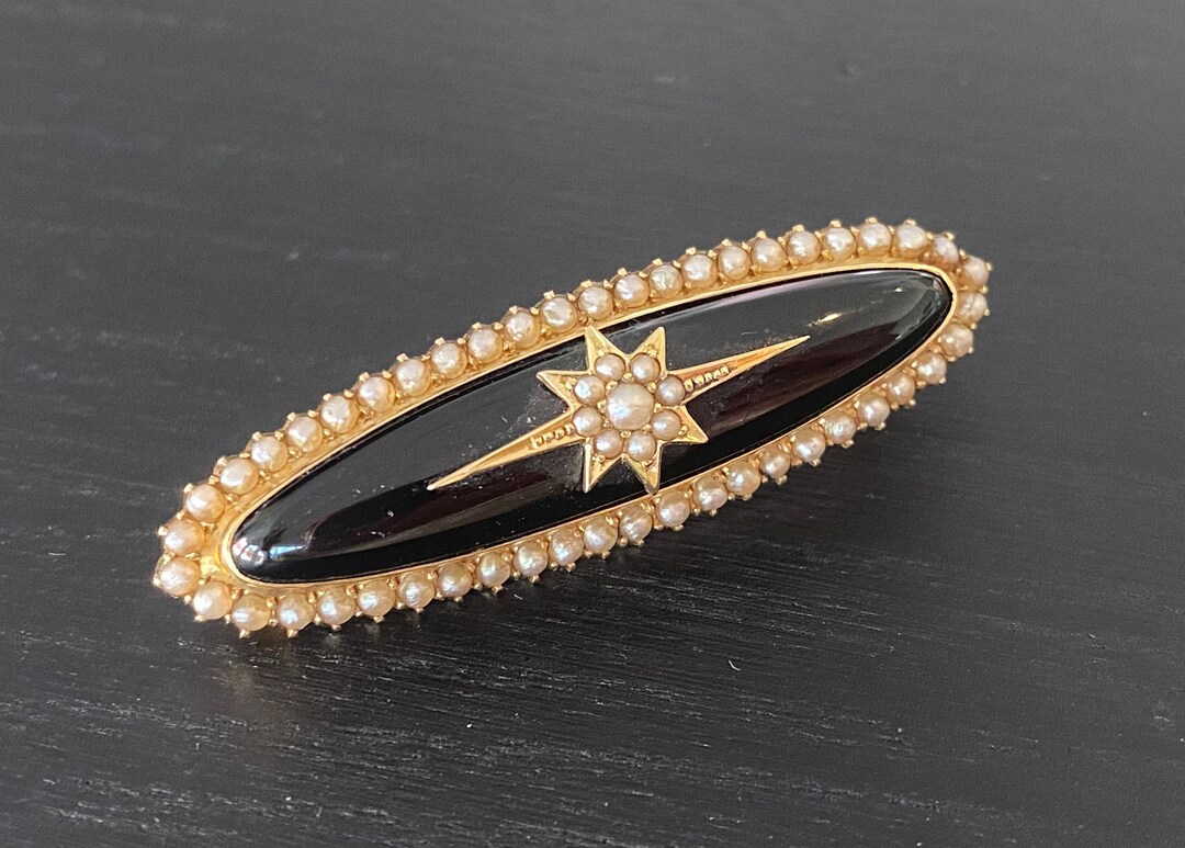 Victorian Onyx Spilt Pearl 14K Gold Mourning Brooch