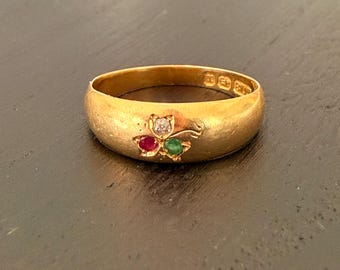 Anillo victoriano de oro de 18 quilates con esmeraldas, rubíes y diamantes - Birmingham, 1897