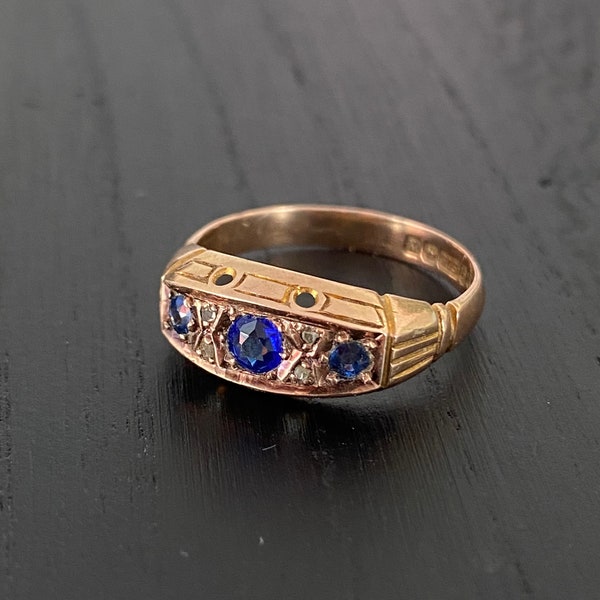 Victorian Sapphire Diamond 9K Gold Ring - Birmingham 1872