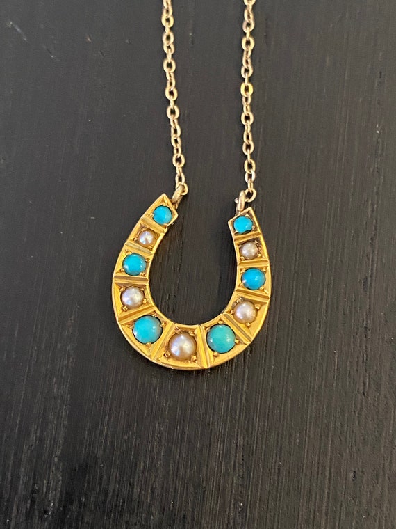 Antique Turquoise Pearl 9K Gold Necklace