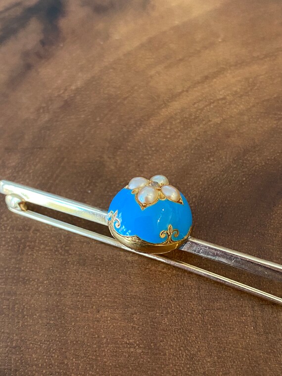 Antique Blue Enamel Pearl Brooch - image 5