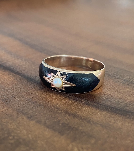 Antique Black Enamel Pearl Mourning Ring