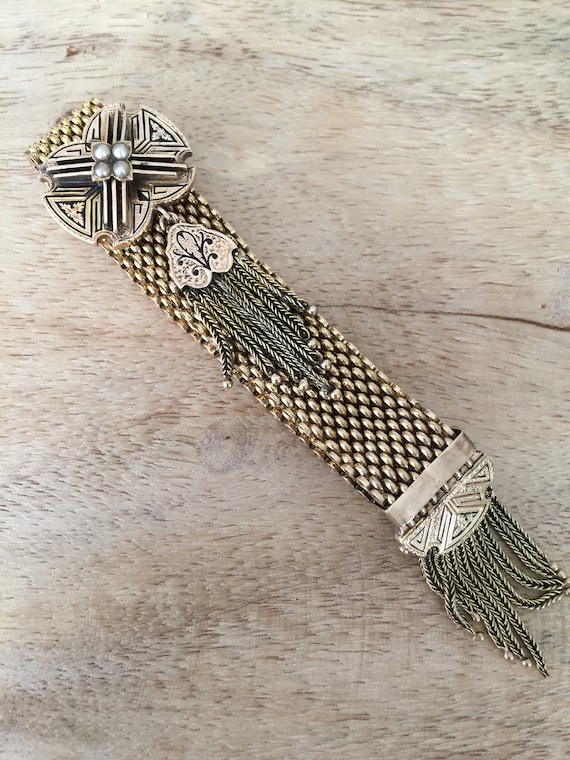 Antique Gold Pearl Enamel Slide Bracelet