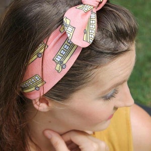 School Bus Bow Knot or Turban, back to school, toddler top knot headband, turban, adult top knot headband, turban, school buses, coral image 2