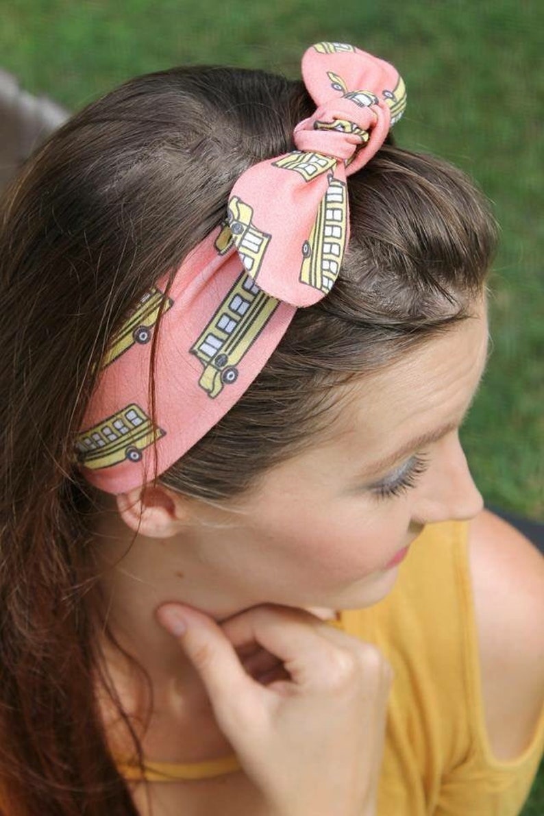 School Bus Bow Knot or Turban, back to school, toddler top knot headband, turban, adult top knot headband, turban, school buses, coral image 2