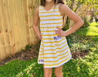 LSU Tigers Stripe Dress, game day, sec, college apparel, baby, girl, toddler, tailgate, dress, college football