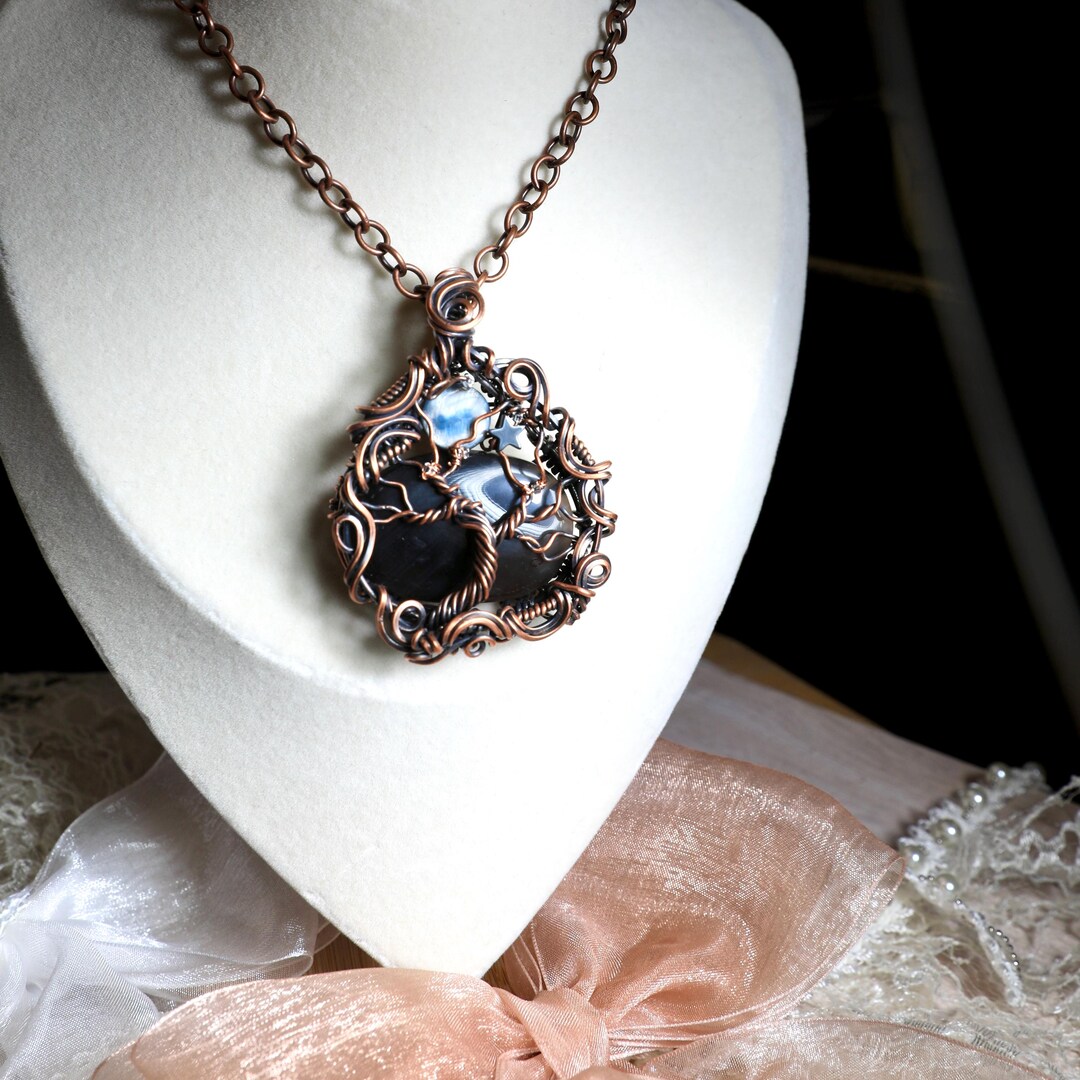 Obsidian Tree of Life Pendant: Antiqued Copper Wire Wrapped Abalone ...