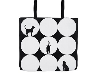 Stylish Polka Dot Kitty Tote Bag for the Fashionable Cat Lover, Black cat tote bag, Large cat tote bag, Cat tote bags, cute cat tote bag