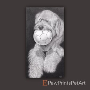 May include: A black and white pencil drawing of a dog holding a soccer ball in its mouth. The dog is sitting down with its front paws crossed. The drawing is on a black background.