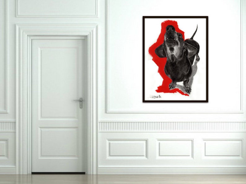 Op de afbeelding: Een zwart-witte tekening van een teckel met een rode achtergrond. De hond kijkt naar de kijker met zijn tong naar buiten.