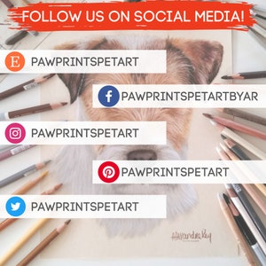 May include: A drawing of a dog's head with colored pencils surrounding it. The image includes social media icons and usernames for the artist: "E PAWPRINTSPETART", "PAWPRINTSPETARTBYAR", "PAWPRINTSPETART", "PAWPRINTSPETART", and "PAWPRINTSPETART".