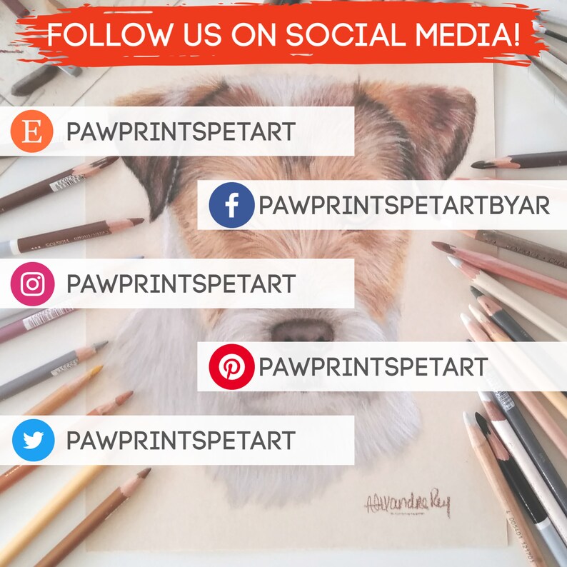 May include: A drawing of a dog's head with colored pencils surrounding it. The image includes social media icons and usernames for the artist: "E PAWPRINTSPETART", "PAWPRINTSPETARTBYAR", "PAWPRINTSPETART", "PAWPRINTSPETART", and "PAWPRINTSPETART".