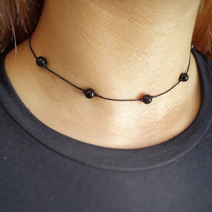 Black Obsidian, Obsidian Necklace, Choker Necklace, Dainty Bead Choker, Bridesmaid Necklace, Girlfriend Gift, Minimalist Choker, Adjustable