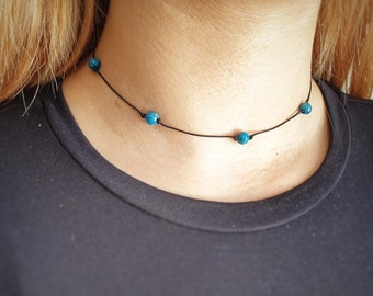 Blue Apatite, Apatite Necklace, Choker Necklace, Dainty Bead Choker, Bridesmaid Necklace, Girlfriend Gift, Minimalist Choker, Adjustable
