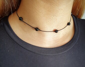 Schwarzer Obsidian, Obsidian Halskette, Choker Halskette, Zierliche Perlen Choker, Brautjungfer Halskette, Freundin Geschenk, Minimalist Choker, verstellbar