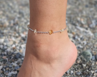 Citrine Anklet, Silver Anklet, Crystal Anklet, Gemstone Anklet, Ankle Bracelet, Boho Anklet, Beach Anklet, Summer Anklet, Chips Anklet