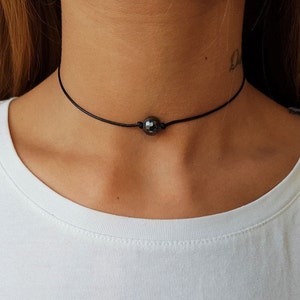 Dark Gray Hematite, Hematite Choker, Gemstone Choker, Choker Necklace, Boho Choker, Bohemian Choker, Single Bead Choker, Thin Black Choker