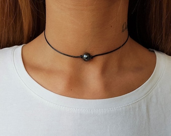 Dark Gray Hematite, Hematite Choker, Gemstone Choker, Choker Necklace, Boho Choker, Bohemian Choker, Single Bead Choker, Thin Black Choker