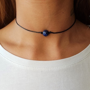 Lapis Lazuli Choker, Gemstone Choker, Choker Necklace, Boho Choker, Bohemian Choker, Single Bead Choker, Thin Black Choker, Blue Bead Choker