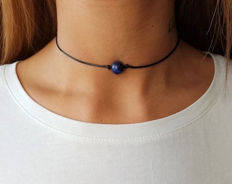 Lapis Lazuli Choker, Gemstone Choker, Choker Necklace, Boho Choker, Bohemian Choker, Single Bead Choker, Thin Black Choker, Blue Bead Choker