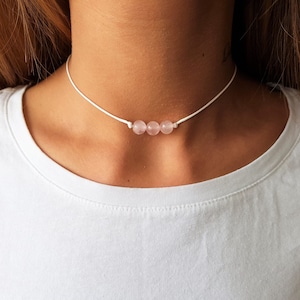 Rose Quartz Choker, Quartz Choker, Gemstone Choker, Boho Choker, Bohemian Choker, Thin White Choker, Pink Bead Choker, Cute Choker, White