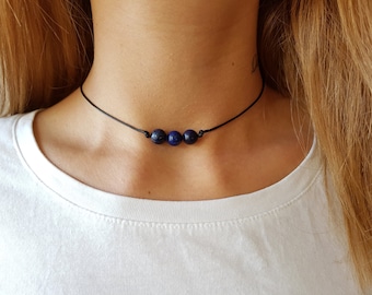 Lapis Lazuli Choker, Gemstone Choker, Boho Choker, Bohemian Choker, Thin Black Choker, Black Choker, Choker Necklace, Simple Black Choker