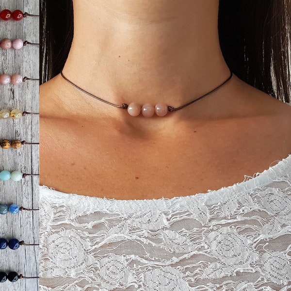 Gemstone Choker, Boho Choker, Choker Necklace,Triple Bead Choker, Carnelian Choker, Rhodonite Choker, Moonstone Choker, Quartz Choker