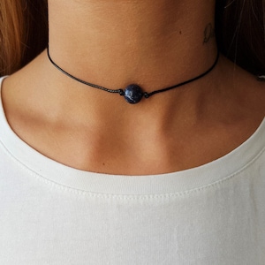 Sodalite Choker, Gemstone Choker, Choker Necklace, Boho Choker, Bohemian Choker, Single Bead Choker, Thin Black Choker, Blue Bead Choker