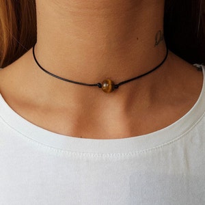 Tigers Eye Choker, Gemstone Choker, Choker Necklace, Boho Choker, Bohemian Choker, Single Bead Choker, Thin Black Choker, Brown Bead Choker