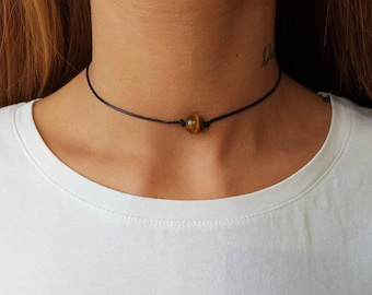 Tigerauge Choker, Edelstein Choker, Choker Halskette, Boho Choker, Boho Choker, Single Bead Choker, Dünner Schwarzer Choker, Brauner Perlen Choker