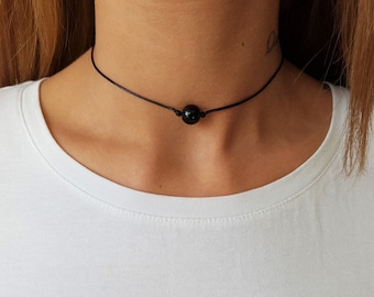 Black Obsidian, Obsidian Choker, Gemstone Choker, Choker Necklace, Boho Choker, Bohemian Choker, Single Bead Choker, Thin Black Choker