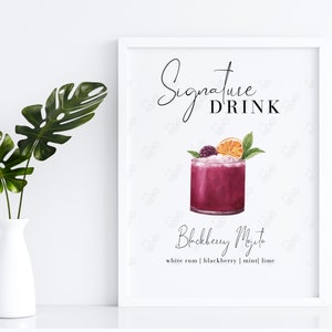 Znak Signature Drink Blackberry Mojito | Minimalistyczny znak menu baru weselnego | Znak Signature Cocktail Menu | Wydrukowany znak baru | Proste menu baru