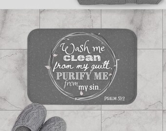 Gray Inspirational Scripture Sink/Bath Mat - Psalm 51:2