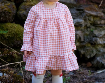 Tiered Tent Dress PDF Digital Sewing Pattern for Babies, Toddlers and Kids. Loose, ruffle dress with long sleeves.