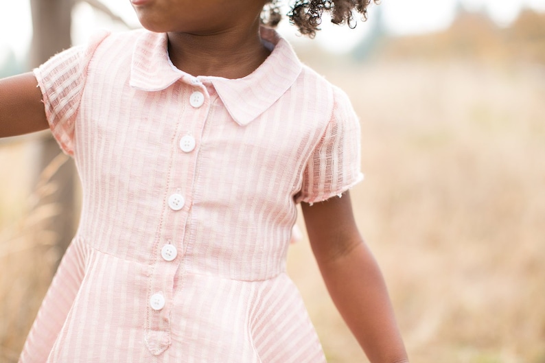 May include: A pink and white striped collared shirt with a button-up front. The shirt has a ruffled hem and short sleeves.
