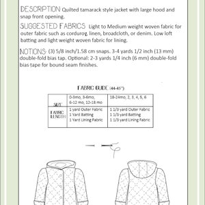 Quilted Hooded Tamarack Style Jacket PDF Pattern / Digital Sewing Pattern for Babies, Toddlers and Kids image 3