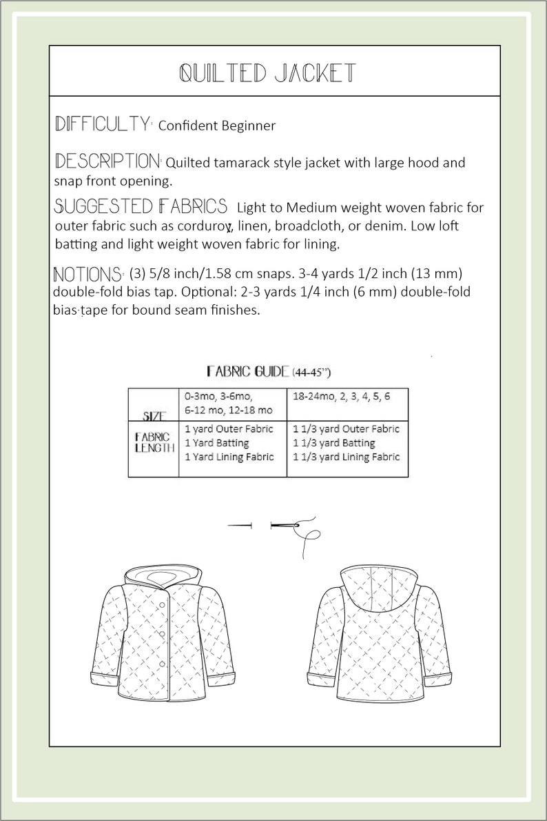 Quilted Hooded Tamarack Style Jacket PDF Pattern / Digital Sewing Pattern for Babies, Toddlers and Kids image 3