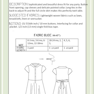 May include: A sewing pattern for a party dress with a button front, cap sleeves, and a full circle skirt. The pattern includes instructions for sizes 0-3 months, 3-6 months, 6-12 months, 12-18 months, 18-24 months, 2, 3, 4, 5, and 6. The pattern also includes a fabric guide.