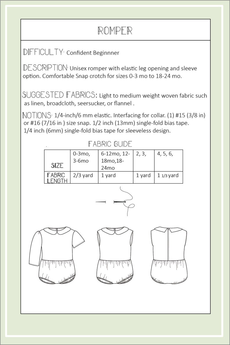 Romper / Playsuit for Baby, toddler and Kids PDF Sewing Pattern. Sleeve or sleeveless options image 3