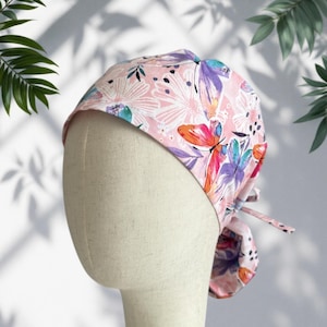 Pink Butterflies Ponytail Scrub Cap, Cotton Surgical Scrub Cap