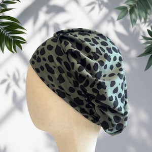 Dark Sage Cheetah Scrub Cap: Buttery Soft Headband Style