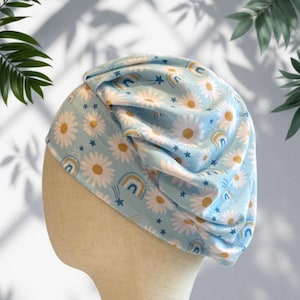 Blue Daisy Rainbow Scrub Cap: Soft Stretchy Headband Style