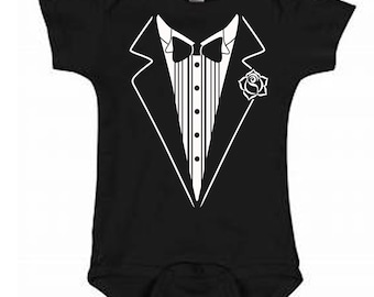 Baby Tuxedo with Bowtie and Rose baby bodysuit