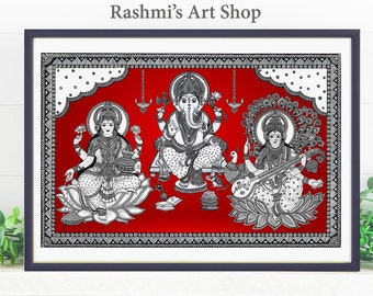 Lakshmi, Ganesha, Saraswati Art Print , Art Poster, Indian Hindu Home Decor