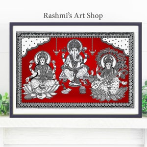 Lakshmi, Ganesha, Saraswati Art Print, Art Poster, Indian Hindu Home Decor