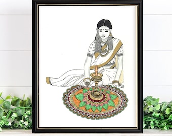 Onam Art Print, Kolam Lady,  Home decor Kerala series