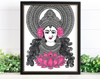 Hindu Goddess Lakshmi Art Print, Lakshmi with Lotus wall decor
